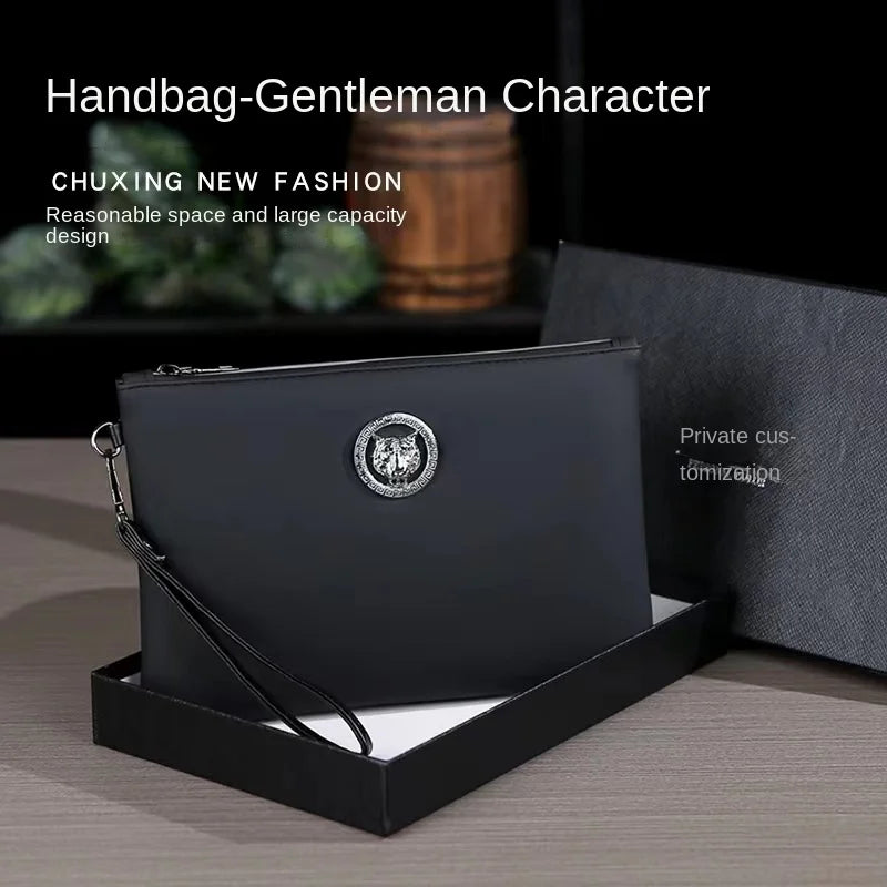 Men Clutch Bag Tiger's Head Silver Fashion Casual Business Soft Pu Leather Phone Handbag Luxury Male Envelop Leather Day Clutch