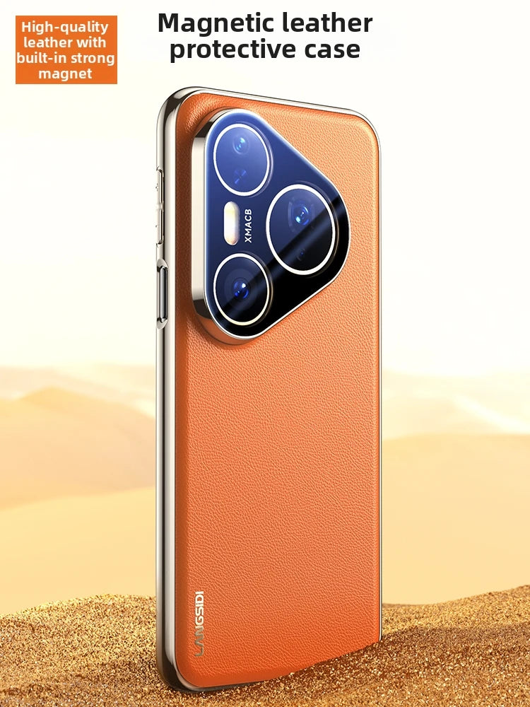 for Magsafe Case for Huawei Pura 80 Pro Pro+ 70 Ultra Luxury Leather Plating Full Glass Lens Protection Magnetic Back Cover