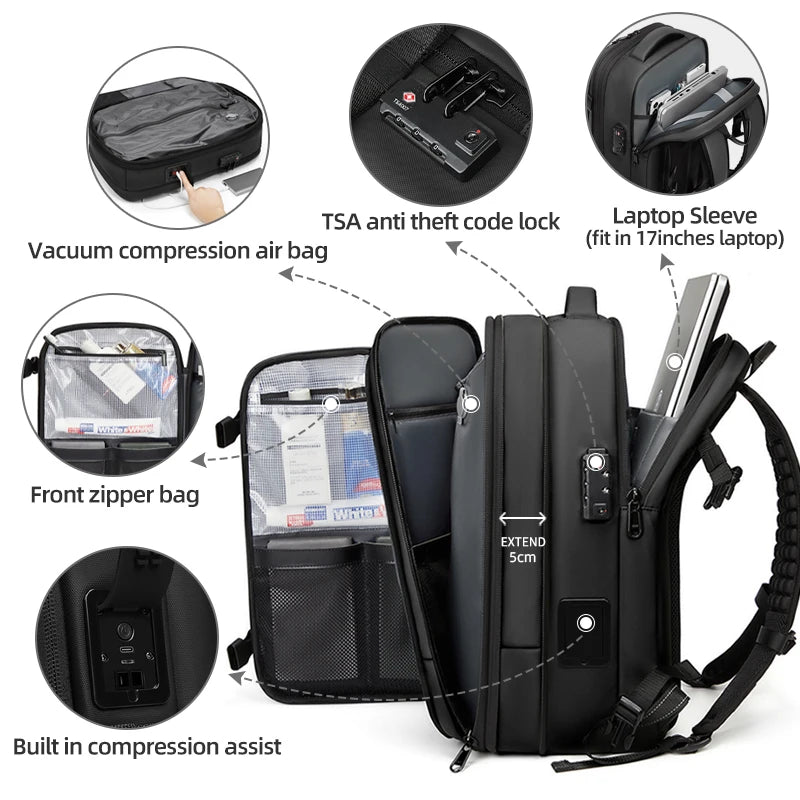 Men Travel Backpack One Click Start Pump Vacuum Compression Laptop Backpack Hiking Business 60L Extended Mountaineering Backpack