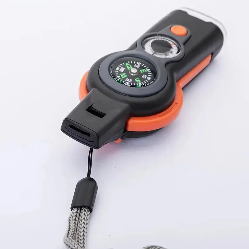 Camping Hiking 7in1 Outdoor Multifunctional Survival Whistle Flashlight Compass Thermometer Magnifier Reflector Magnifying Glass
