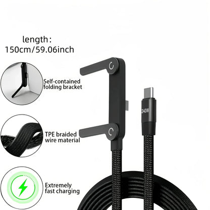 240W Fast Charging Foldable Phone Holder Data Cable For iPhone 15 12 13 14 16 17 Pro Max Plus USB C Type-C Quick Charging Cable