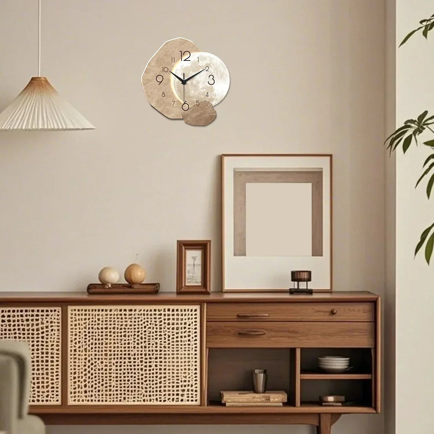 Modern Simple Silent Wall Clock, Moon Design - Quartz Movement, Wooden Material, for Bedroom, Living Room or Office Decoration - Urbizia