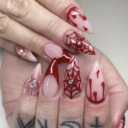 24Pcs Halloween Spider Print False Nails – Gothic Short Round Press-on Nail Tips for Women