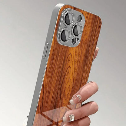 iPhone Wood Texture Tempered Glass Electroplate Case