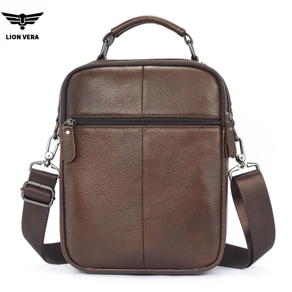 LION VERA Men's Shoulder Bag Casual Mobile Phone Zipper Bag Large Capacity Business Genuine Leather Travel Crossbody Bag