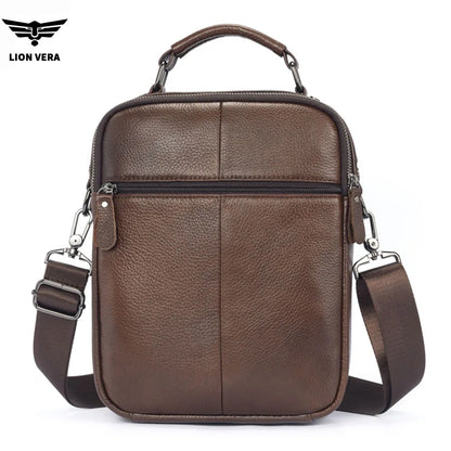 LION VERA Men's Shoulder Bag Casual Mobile Phone Zipper Bag Large Capacity Business Genuine Leather Travel Crossbody Bag