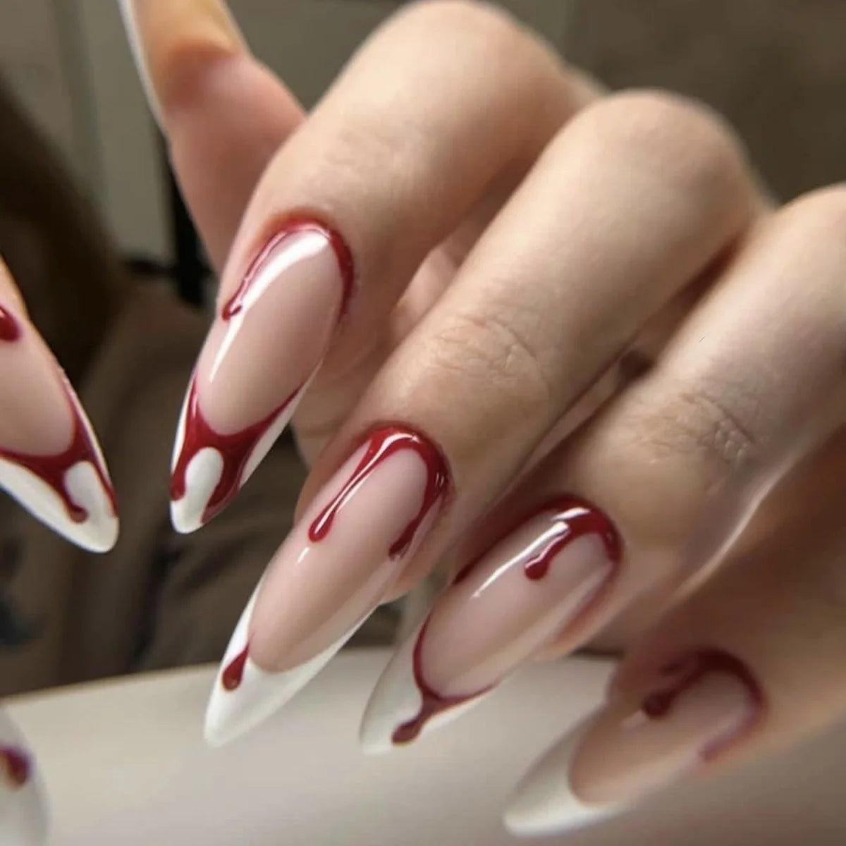 24Pcs Long Almond Fake Nails – Detachable French Ballet Halloween Press-on Full Cover Nail Tips