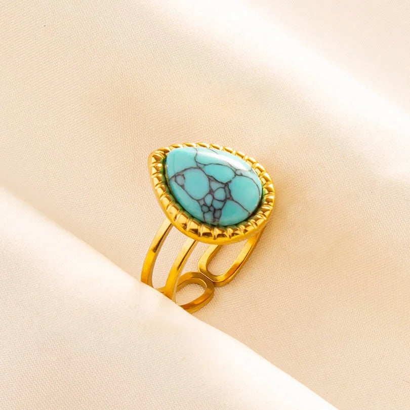 Turquoise Finger Jewelry Long Oval Sun Heart Water Drop Stainless Steel Rings For Women Men Accessories Gold Plated Open Anillos
