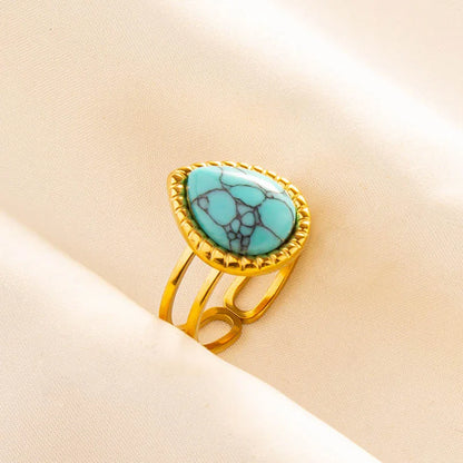 Turquoise Finger Jewelry Long Oval Sun Heart Water Drop Stainless Steel Rings For Women Men Accessories Gold Plated Open Anillos