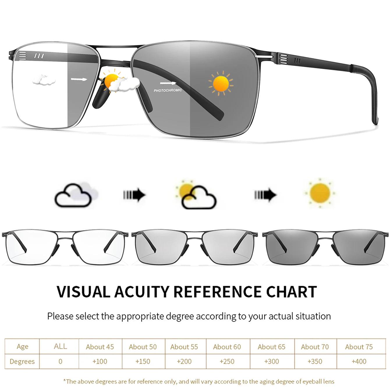 Metal Anti-Blue Light Photochromic Reading glasses Rectangular Eyewear Frame Presbyopic Unisex Surf Internet Read magazines
