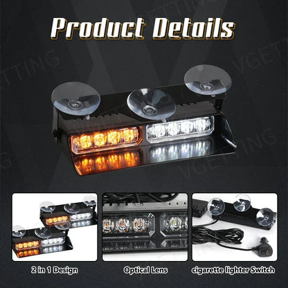 2-in-1 LED Car Strobe Lights For Emergency Flash Warning Lamp Windshield Bar 16 Beads Red Blue Amber White Auto Light Assembly - Urbizia