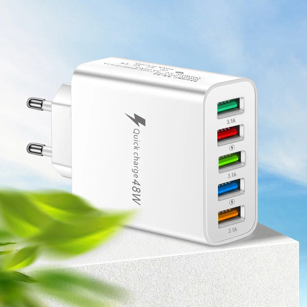 48W USB Charger Fast Charging QC3.0 Wall Charger Adapter For iPhone 14 13 Samsung Xiaomi Mobile Phone Charger 5 Ports EU US Plug