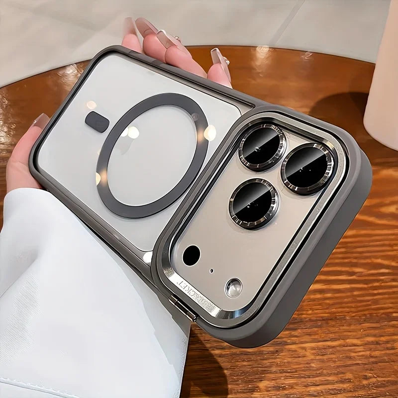 Luxury Magnetic Wireless Charging Lens Holder Case For iPhone 17 16 15 14 13 Pro Max Acrylic Shockproof Armor Transparent Cover