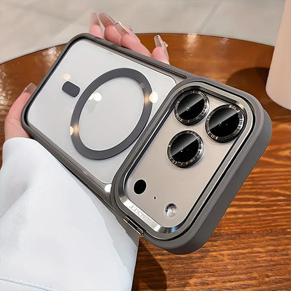 Luxury Magnetic Wireless Charging Lens Holder Case For iPhone 17 16 15 14 13 Pro Max Acrylic Shockproof Armor Transparent Cover