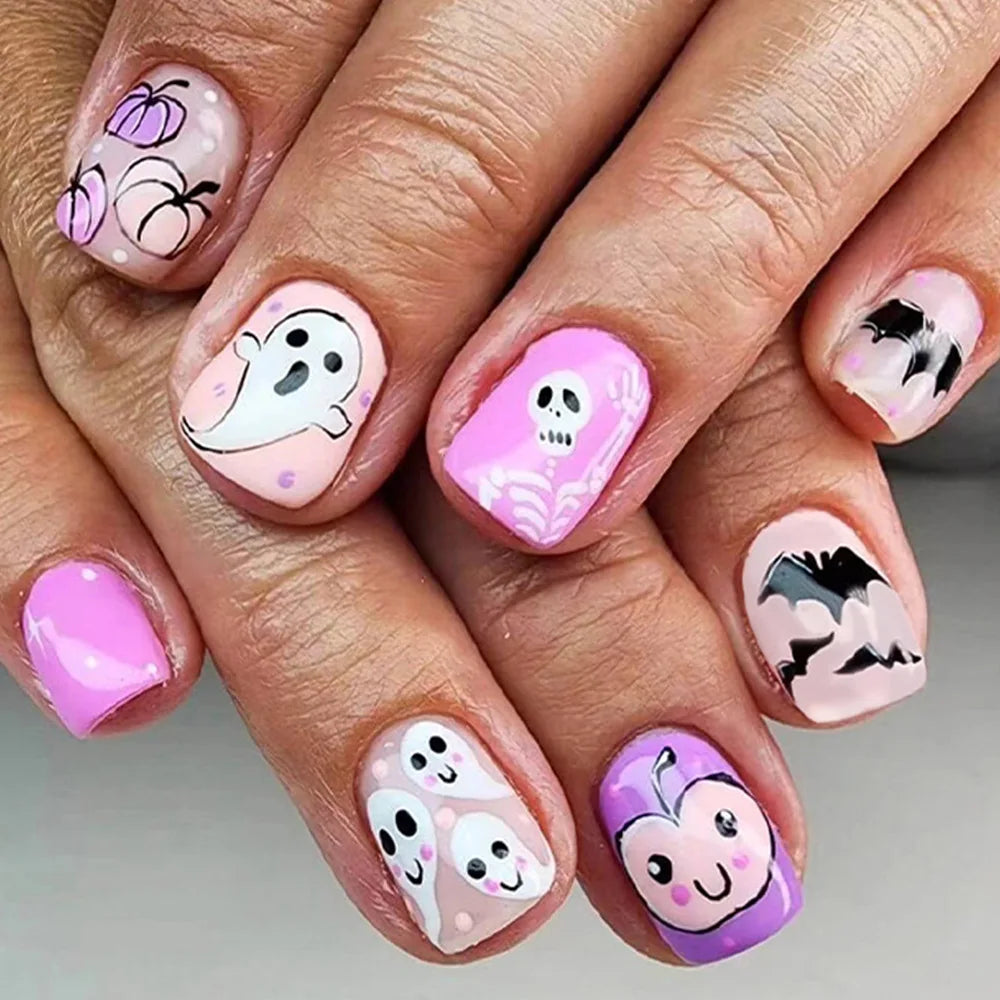 24Pcs Halloween Spider Print False Nails – Gothic Short Round Press-on Nail Tips for Women