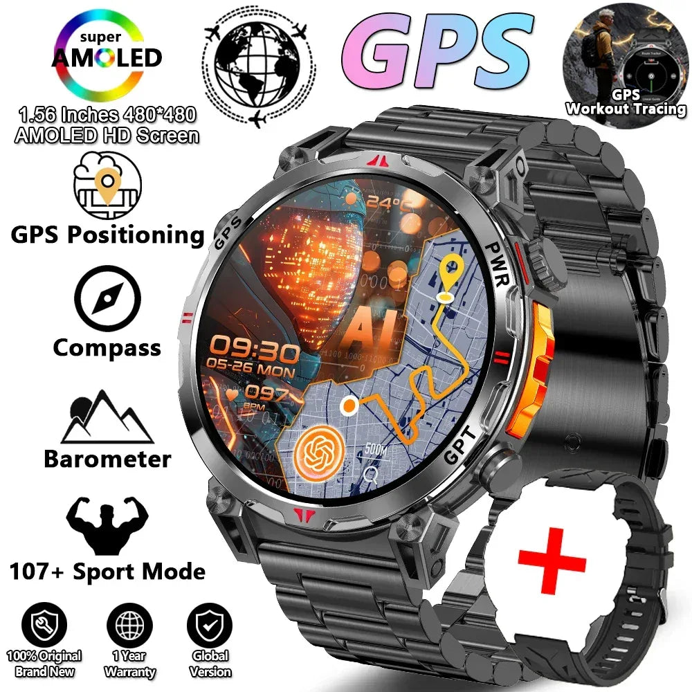 2026 New Outdoor Sports Smartwatch Men GPS Positioning 650mAh HD Call 1.56-inch AMOLED Screen Compass 5ATM Waterproof Watch Man - Urbizia