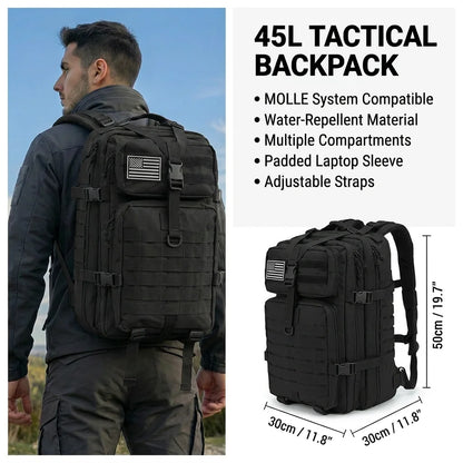 Men 45L Tactical Backpack Molle Bug Out Bag Survival Emergency Water Resistant Outdoor Hiking Camping Travel Rucksack Large Capacity EDC Everyday Carry Commuter Work School Laptop Daypack Trekking Cycling Durable Wear Resista
