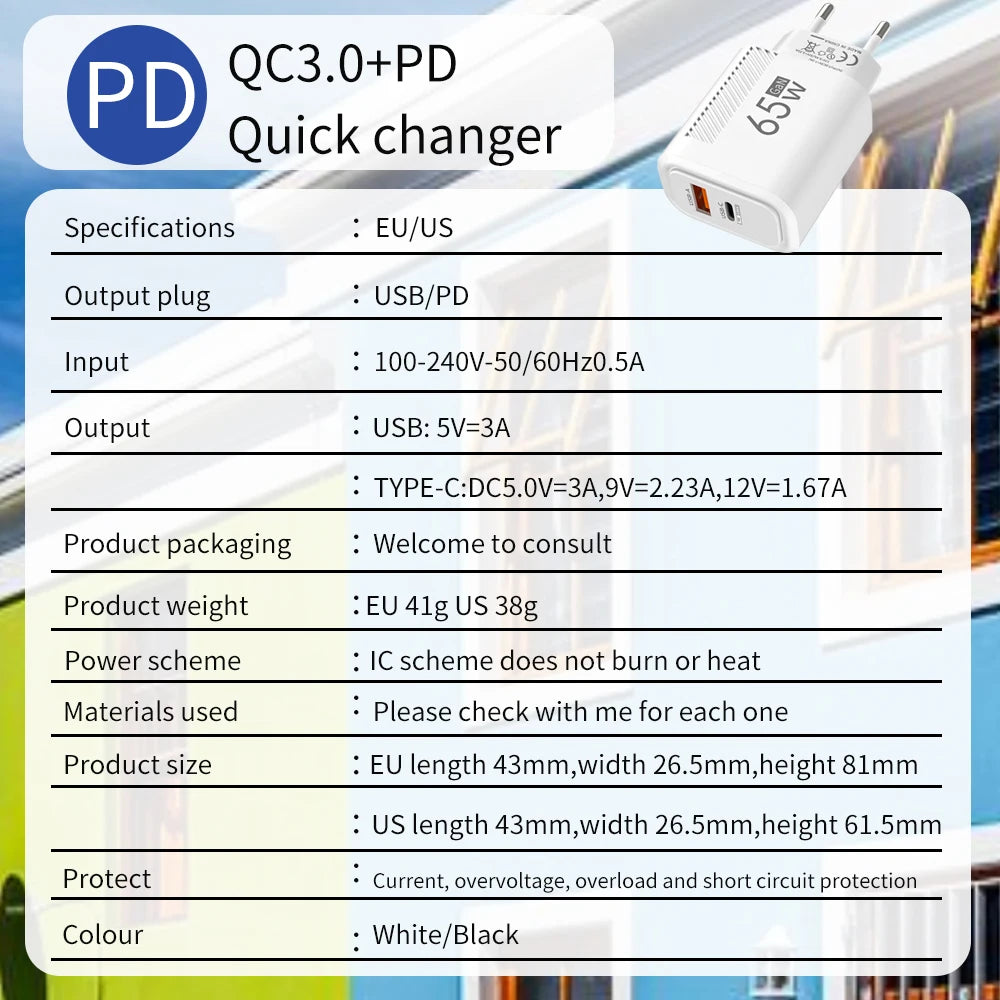 65W GaN USB PD Fast Charger Plug Type C Quick Charge 3.0 Phone Wall Adapter Portable Travel Charger For iPhone 16 Xiaomi Samsung
