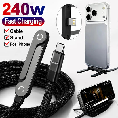 240W Fast Charging Foldable Phone Holder Data Cable For iPhone 15 12 13 14 16 17 Pro Max Plus USB C Type-C Quick Charging Cable