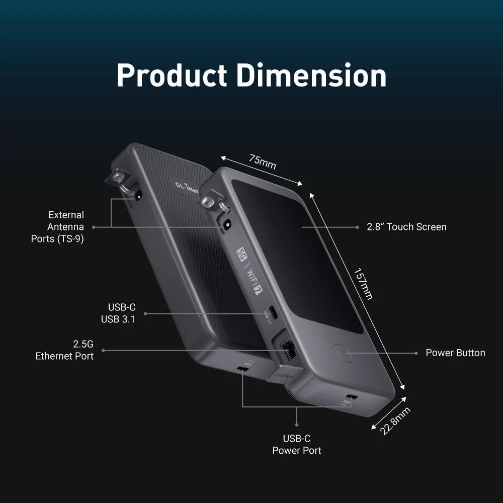 GL.iNet MUDI 7 GL-E5800 Wi-Fi 7 5G NR Travel Router Portable Mobile Hotspot Tri-Band with eSIM & Dual SIM Slot, 2.8" Touchscreen, Up to 5.76 Gbps, 2.5G Ethernet, 700Mbps VPN Secure, 13.5h Battery, for 4K Livestream