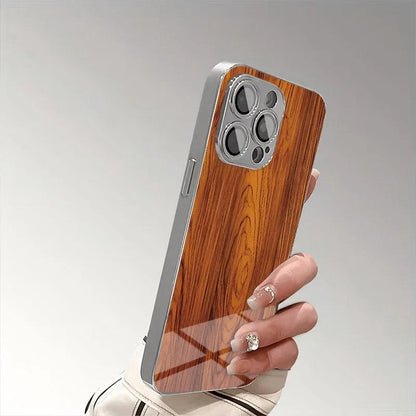 iPhone Wood Texture Tempered Glass Electroplate Case