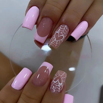 24Pcs Halloween Spider Print False Nails – Gothic Short Round Press-on Nail Tips for Women