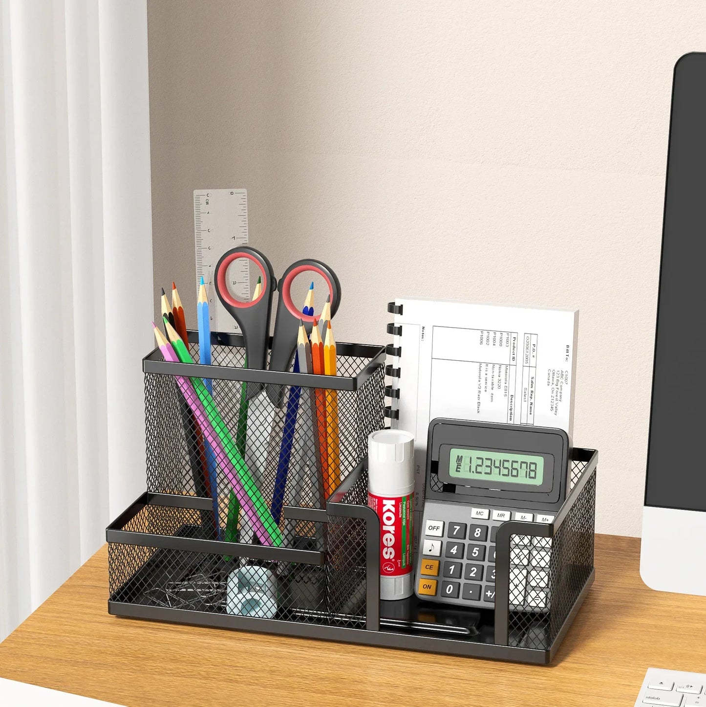 Mesh Desk Organizer Office Supplies Caddy with Pencil Holder and Storage Baskets for Desktop Accessories, 3 Compartments, Black - Urbizia
