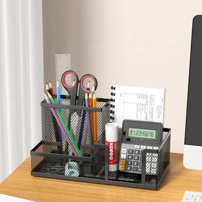 Mesh Desk Organizer Office Supplies Caddy with Pencil Holder and Storage Baskets for Desktop Accessories, 3 Compartments, Black - Urbizia