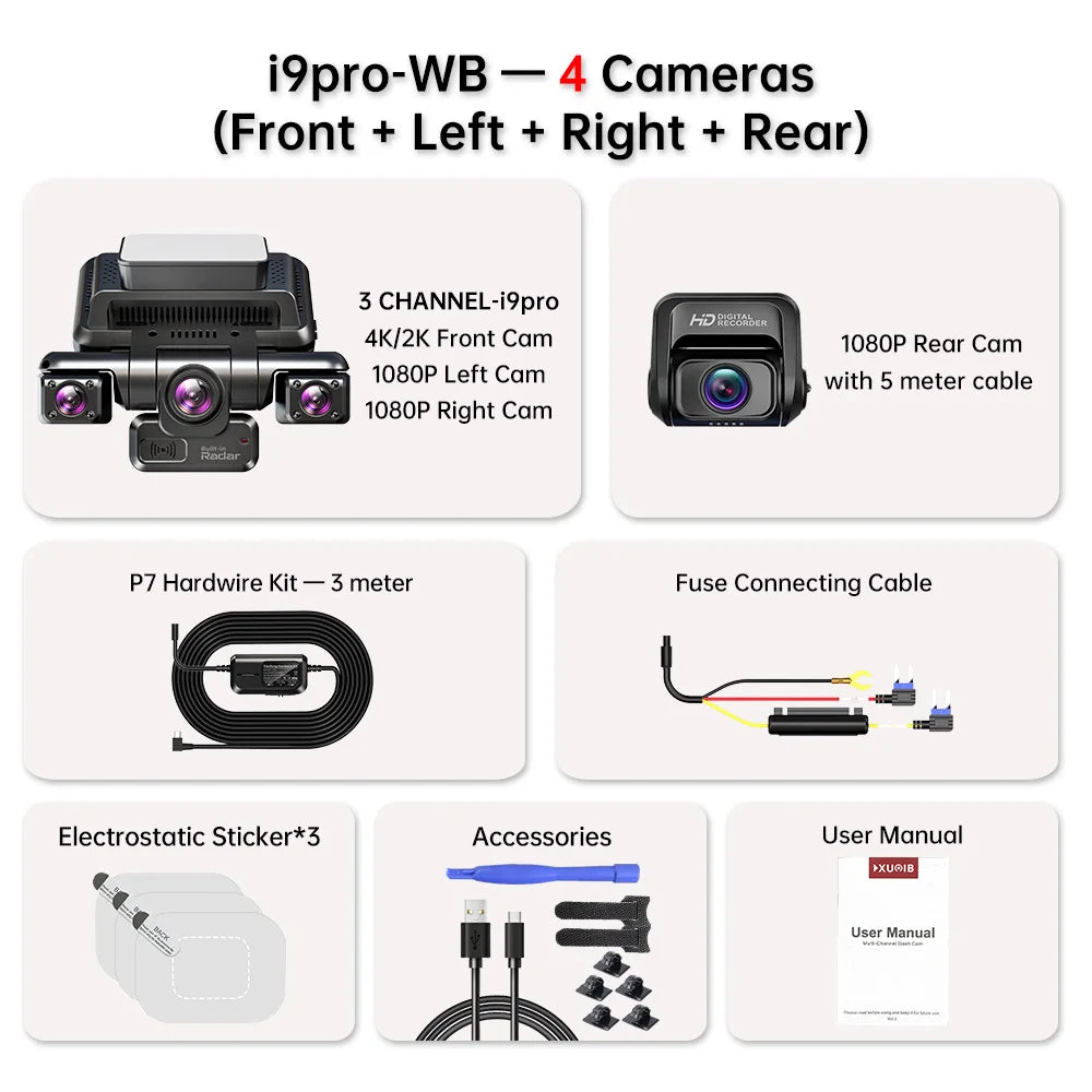 XUOIB I9pro-WB 4CH 360° Dash Cam 4K with 4'' Touch Screen Dash Car Camera 24H Parking Mode WiFi GPS Car DVR 8 IR Night Vision