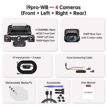 XUOIB I9pro-WB 4CH 360° Dash Cam 4K with 4'' Touch Screen Dash Car Camera 24H Parking Mode WiFi GPS Car DVR 8 IR Night Vision