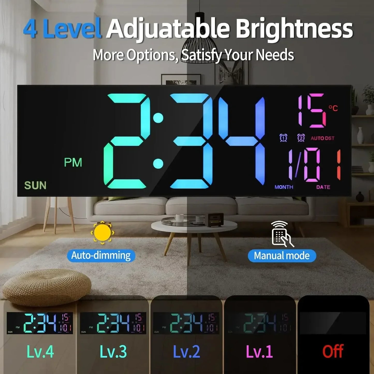 16.2'' Large Digital Wall Clock with Remote Control Big LED/Dual Alarm/8 RGB Colors Digital Alarm Clock Electronic Watch - Urbizia
