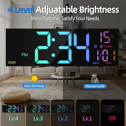 16.2'' Large Digital Wall Clock with Remote Control Big LED/Dual Alarm/8 RGB Colors Digital Alarm Clock Electronic Watch - Urbizia