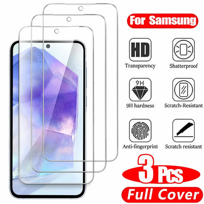 3PCS HD Tempered Glass For Samsung A17 A27 A37 A57 A16 A26 A36 A56 A55 A53 A54 A35 A25 A15 Screen Protector Samsung Galaxy S26 S25 S24 Ultra Cristal Templado S24 FE S23 S22 S21 Plus