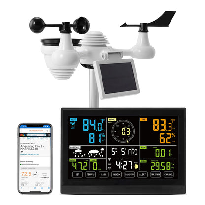 SucceBuy 7-in-1 Wi-Fi Weather Station 7.5 in Color Display + Solar Wireless Outdoor Sensor Alarm Alerts for Temperature Humidity