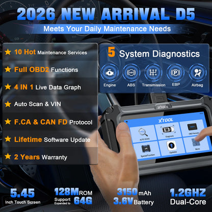 XTOOL D5 OBD2 Car Diagnostic Tool Auto VIN Automotive Scanner OIL Reset Injector Code Built-in FCA/CANFD Lifetime Free Update