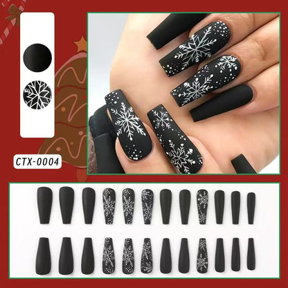 24Pcs Black Glossy Halloween Almond Fake Nails – Gradient French Press-on Nails with Rose, Heart & Skull Designs