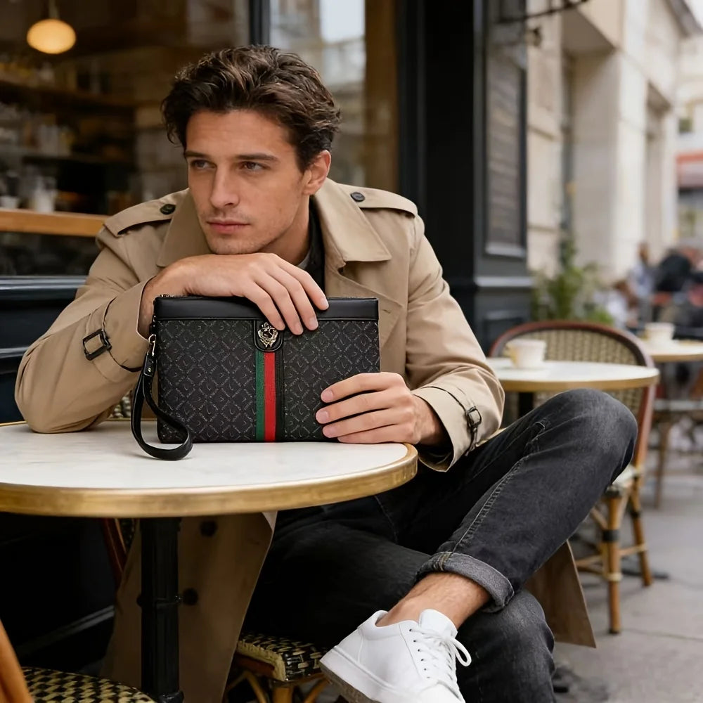 European and American Fashion High-End Men's Clutch Bag, Lion Head Metal Buckle Decorative Handbag for Business Casual Envelope