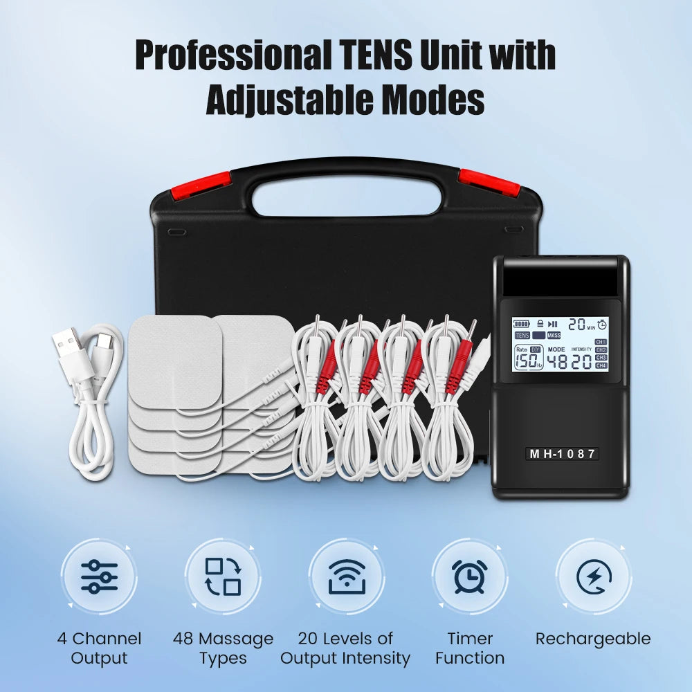 Digital TENS Unit Machine 4-Channel Tens Electrostimulator Rechargeable Body Muscle Stimulator with 20 Intensity for Pain Relief