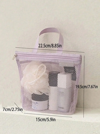 1pc Lightweight Mesh Shower Bag Travel Cosmetic Bag, Large Capacity Portable Toiletry Bag, Hanging Bathroom Storage Bag, Cute Handheld Makeup Brush Holder Bag With Zipper, Can Hold Lipstick