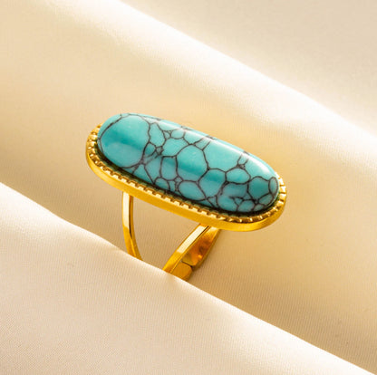 Turquoise Finger Jewelry Long Oval Sun Heart Water Drop Stainless Steel Rings For Women Men Accessories Gold Plated Open Anillos