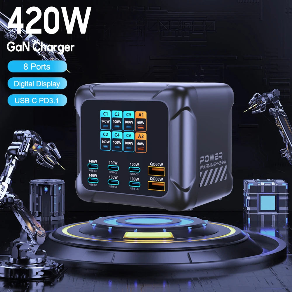 Ubigbuy 420W GaN Charger PPS PD3.1 140W USB Type C Charger Digital Display Fast Charging Station for MacBook iPhone 17 Samsung