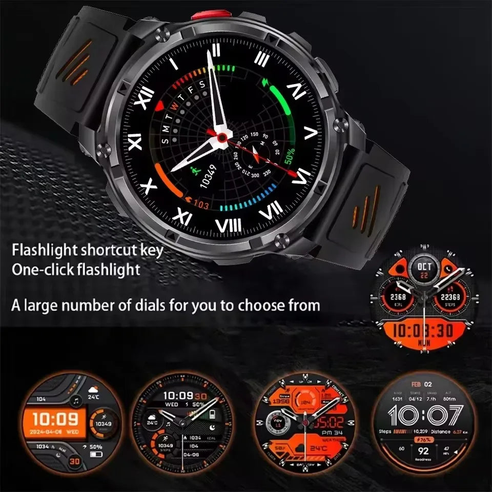 Men 1100mAh Ultra Durable Battery Smart Watch GPS Compass IP69K Waterproof BT Call 100+ Sport Mode Flashlight Sports Smartwatch - Urbizia