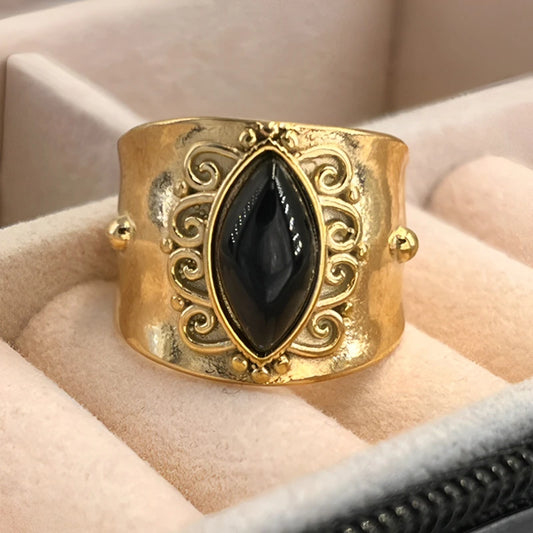 Vintage Sun Flower Turquoise Natural Stone Wide Open Rings for Women14K Gold Plated Stainless Steel Rings Female Jewelry Gifts