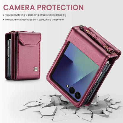 Premium Leather Wallet Card Slots Case for Samsung Galaxy Z Flip7 Flip6 Flip5 Flip7FE Lanyard Crossbody Fashion Protective Cover