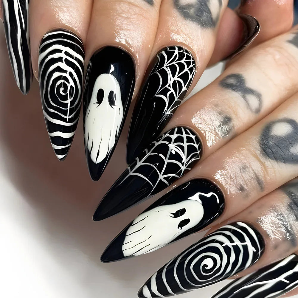 24Pcs Halloween Spider Fake Nails – Printed French Coffin Ballet Press-on Nails