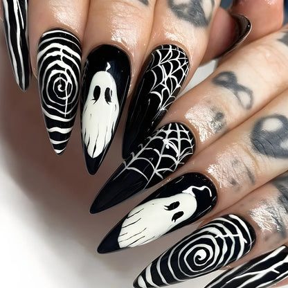 24Pcs Halloween Spider Fake Nails – Printed French Coffin Ballet Press-on Nails