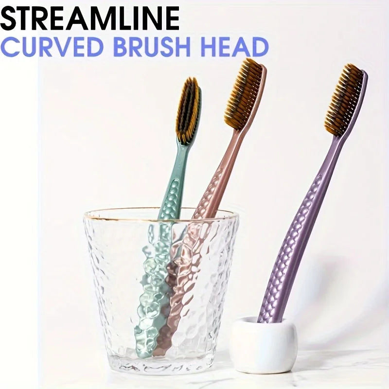 soft hair toothbrush 5pcs bag with curved extended brush head for deep oral cleaning in 5 colors for adults,