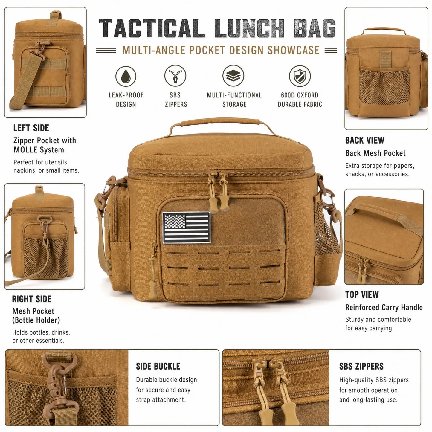 13L Tactical Thermal Cooler Lunch Bag Leakproof Insulated Durable Meal Storage Bag For Men Office Work Daily Commute Camping Picnic Fishing Outdoor Portable Insulated Food Carrier Bag