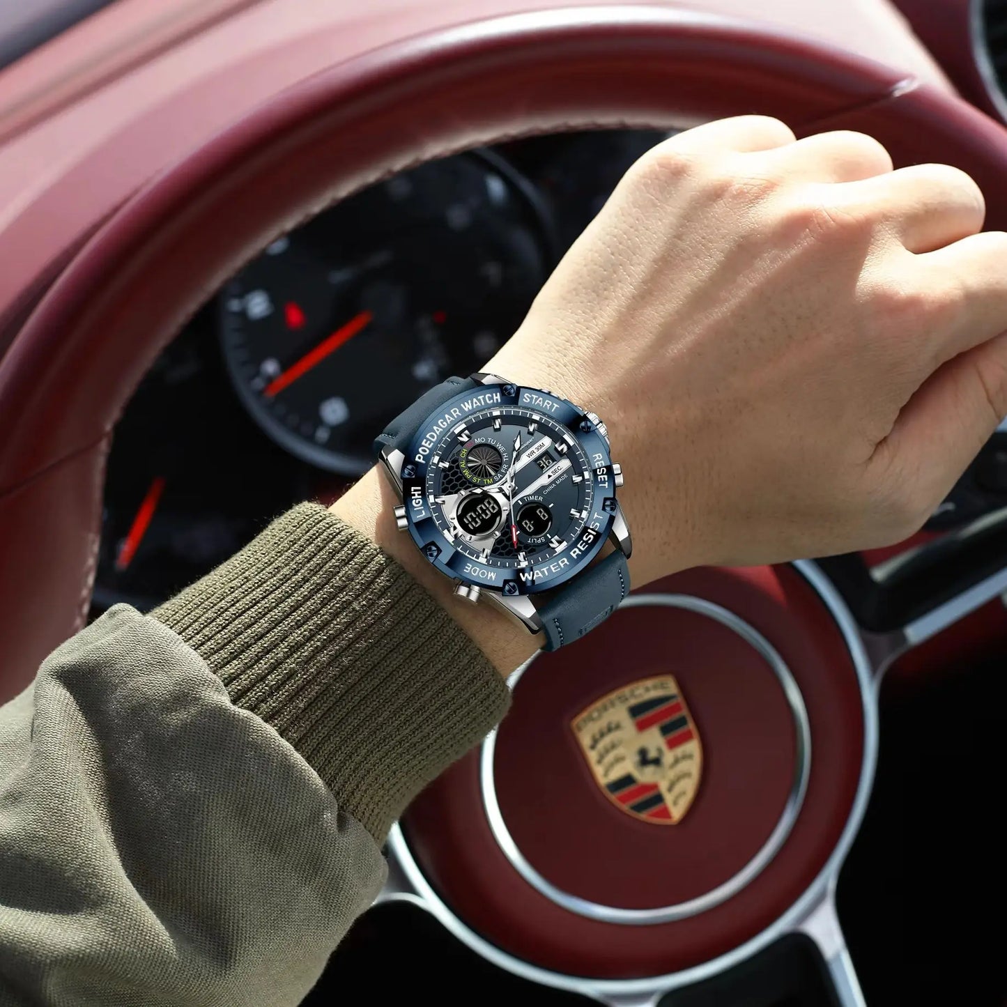 POEDAGAR Top Fashion Man Clock Waterproof Electronic LED Luxury Men's Watches Dual Time Display Digital Leather Men Quartz Watch