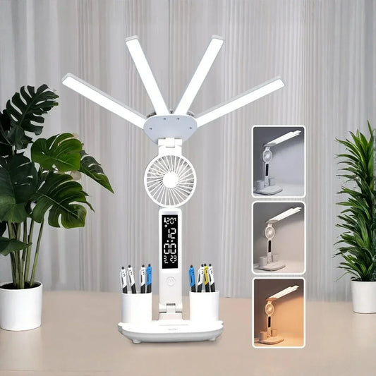 3 Color LED Table Lamp with Fan And Clock Four Headed Folding USB Charging Multifunction Desk Lamp for Reading Night Light - Urbizia